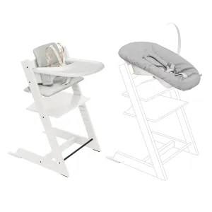 Stokke Tripp Trapp High Chair 2 (White)   Newborn Set   Cushion 2 (Nordic Grey)   Stokke Tray (White) - Includes Chair & Baby Set with Removable Harness for Children 6-36 Months