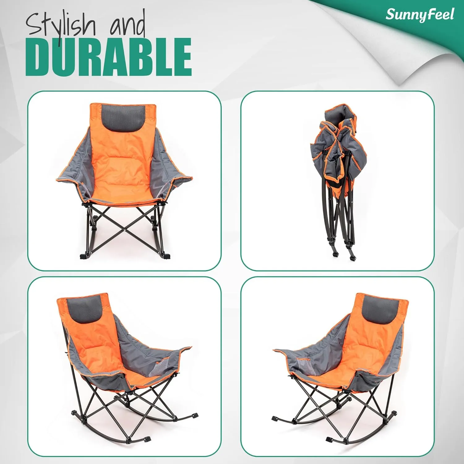 SUNNYFEEL Oversized Rocking Camping Chair, Fully Padded Patio Chair with Side Pocket, High Back Portable Lawn Recliner with Headrest, Outdoor Camp Rocker Chairs for Adults Heavy Duty 500 LBS
