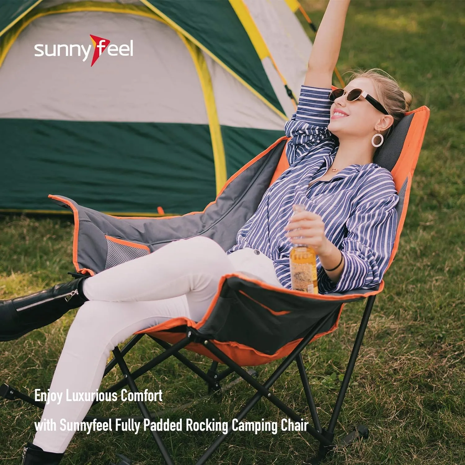 SUNNYFEEL Oversized Rocking Camping Chair, Fully Padded Patio Chair with Side Pocket, High Back Portable Lawn Recliner with Headrest, Outdoor Camp Rocker Chairs for Adults Heavy Duty 500 LBS