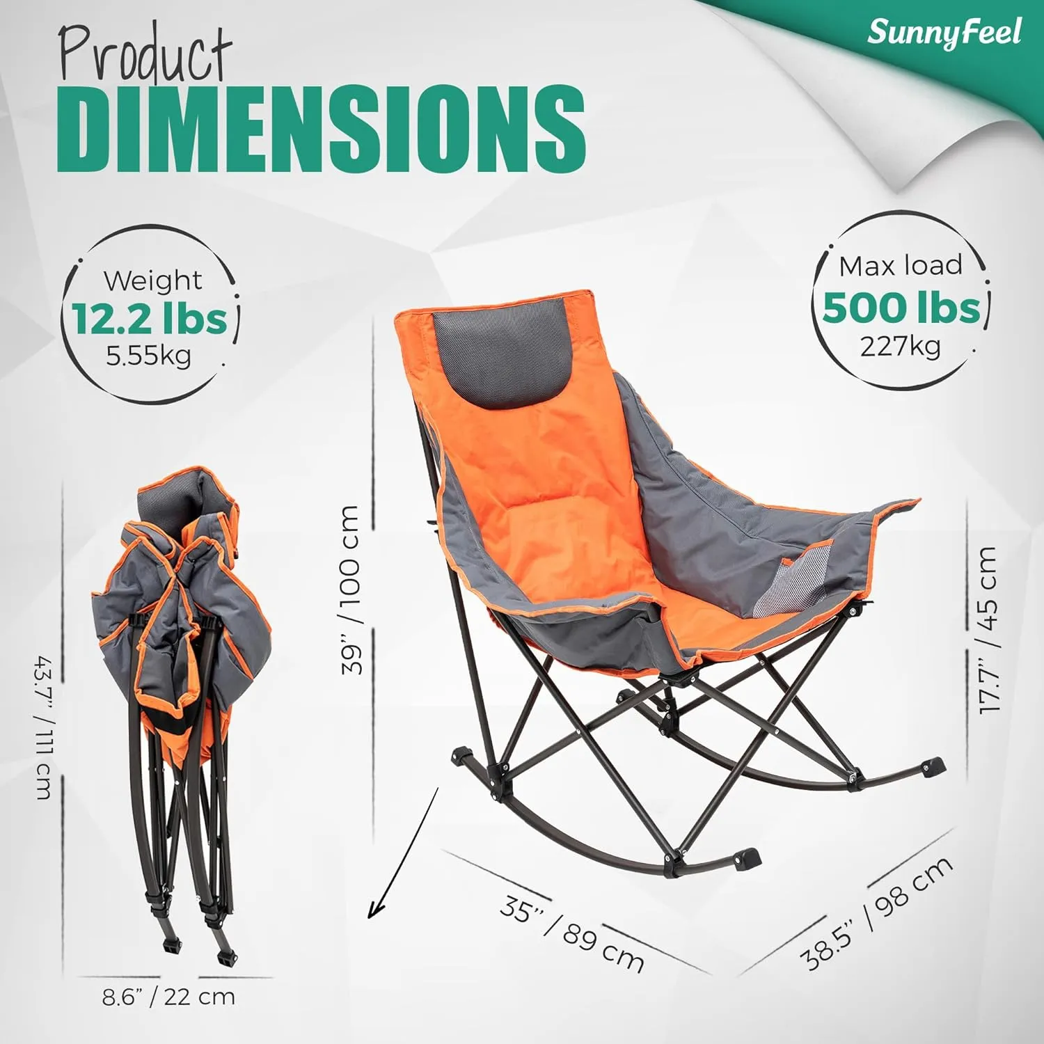 SUNNYFEEL Oversized Rocking Camping Chair, Fully Padded Patio Chair with Side Pocket, High Back Portable Lawn Recliner with Headrest, Outdoor Camp Rocker Chairs for Adults Heavy Duty 500 LBS