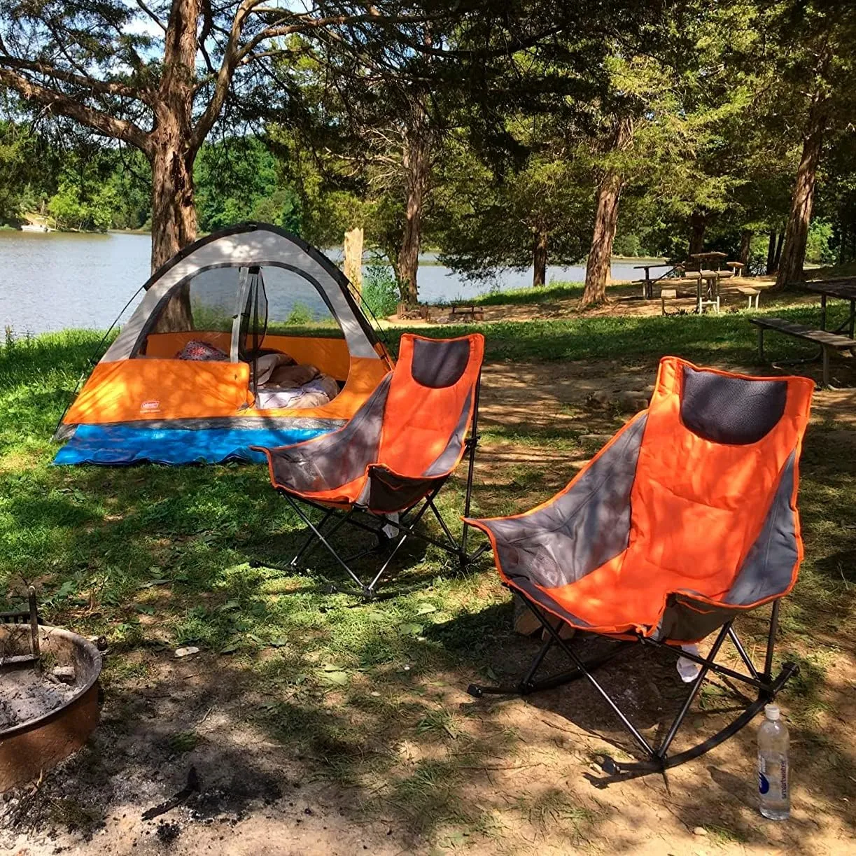SUNNYFEEL Oversized Rocking Camping Chair, Fully Padded Patio Chair with Side Pocket, High Back Portable Lawn Recliner with Headrest, Outdoor Camp Rocker Chairs for Adults Heavy Duty 500 LBS