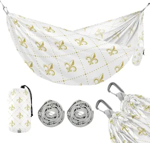 susiyo Golden Fleur De Lis Printed Portable Camping Hammock Lightweight Hammock Comfortable Travel Swing with Tree Straps for Camping Hiking Backpacking Travel or Beach - Up to 330lbs