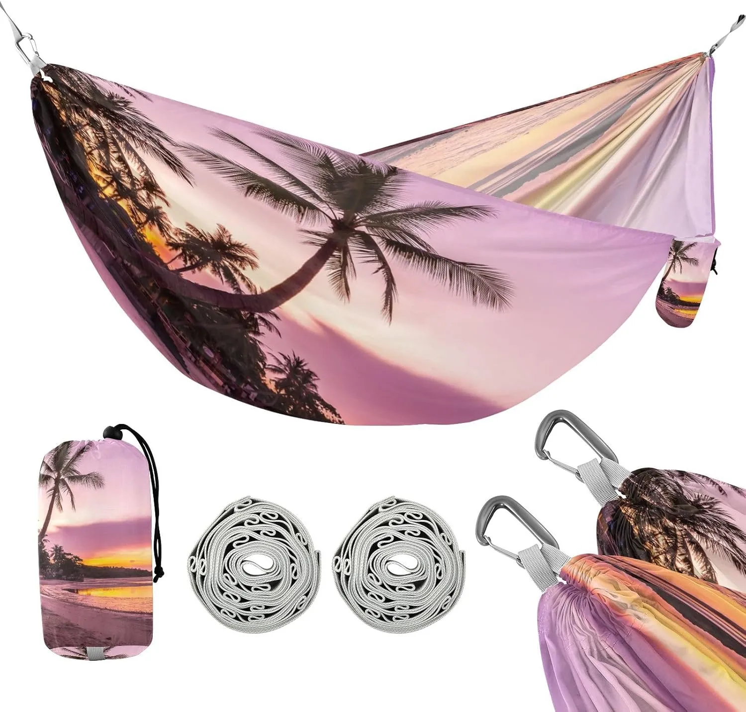 susiyo Portable Camping Hammock Beautiful Tropical Beach Coconut Palm Tree Printed Lightweight Hammock Comfortable Travel Swing with Tree Straps for Camping Hiking Backpacking Travel or Beach - Up to