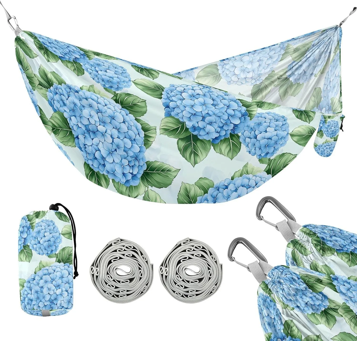 susiyo Portable Camping Hammock Blue Hydrangea Green Leaves Printed Lightweight Hammock Comfortable Travel Swing with Tree Straps for Camping Hiking Backpacking Travel or Beach - Up to 330lbs