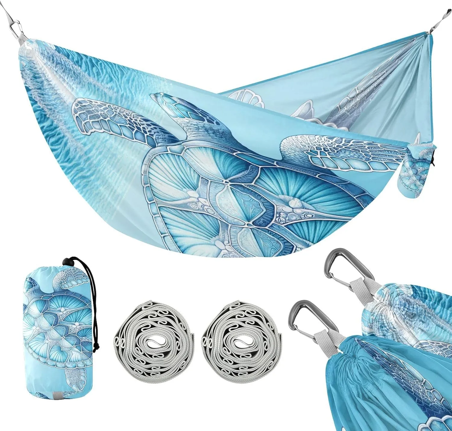 susiyo Portable Camping Hammock Blue Sea Turtle Printed Lightweight Hammock Comfortable Travel Swing with Tree Straps for Camping Hiking Backpacking Travel or Beach - Up to 330lbs