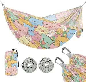 susiyo Portable Camping Hammock Colored Cats Blooming Flowers Printed Lightweight Hammock Comfortable Travel Swing with Tree Straps for Camping Hiking Backpacking Travel or Beach - Up to 330lbs