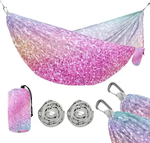 susiyo Portable Camping Hammock Fun Rainbow Glitter Sparkle Printed Lightweight Hammock Comfortable Travel Swing with Tree Straps for Camping Hiking Backpacking Travel or Beach - Up to 330lbs
