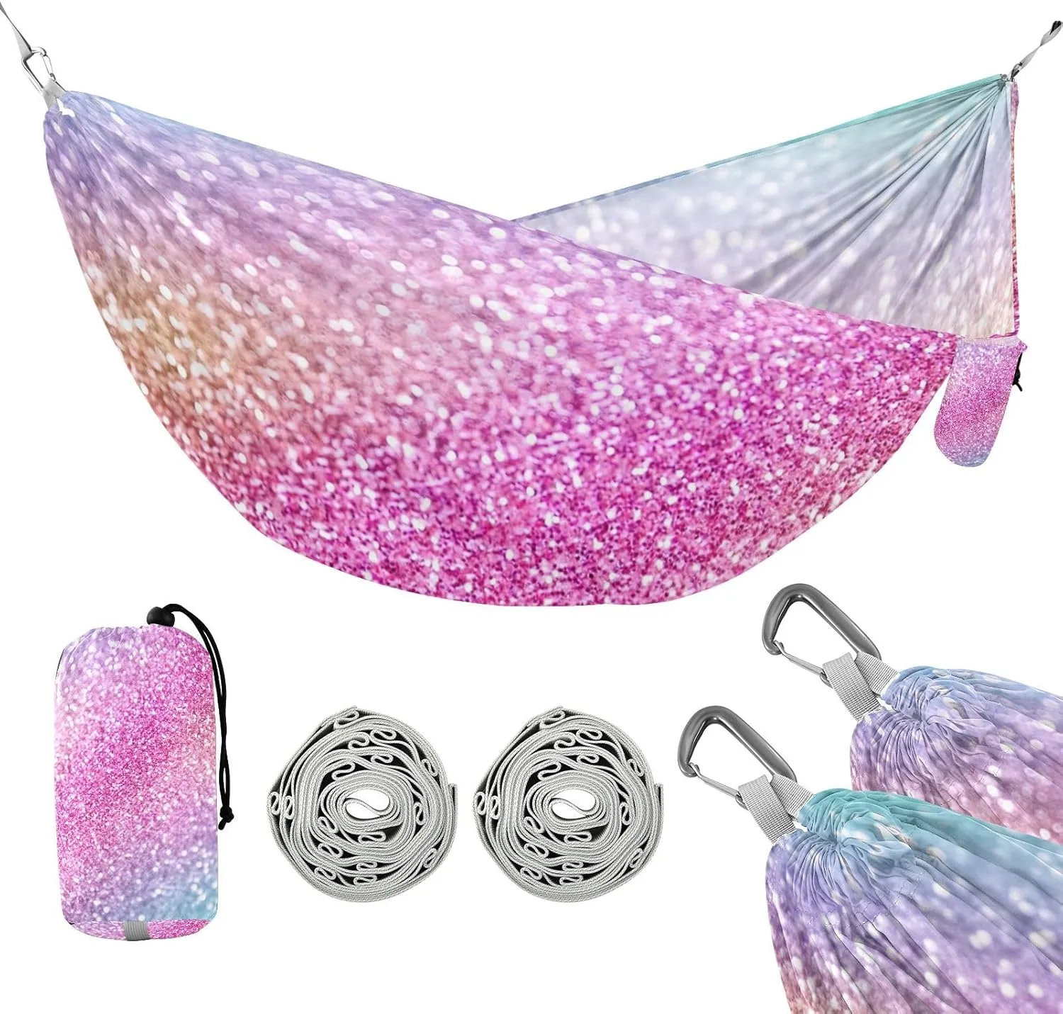 susiyo Portable Camping Hammock Fun Rainbow Glitter Sparkle Printed Lightweight Hammock Comfortable Travel Swing with Tree Straps for Camping Hiking Backpacking Travel or Beach - Up to 330lbs