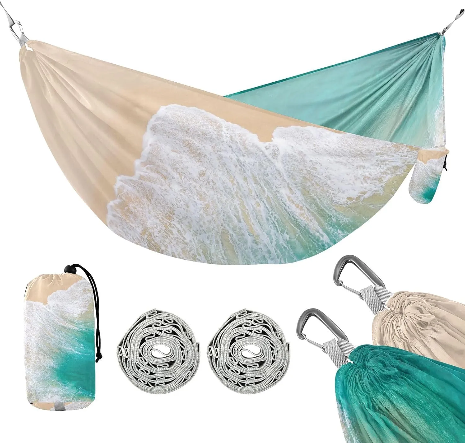 susiyo Portable Camping Hammock Green Sea Beach Printed Lightweight Hammock Comfortable Travel Swing with Tree Straps for Camping Hiking Backpacking Travel or Beach - Up to 330lbs