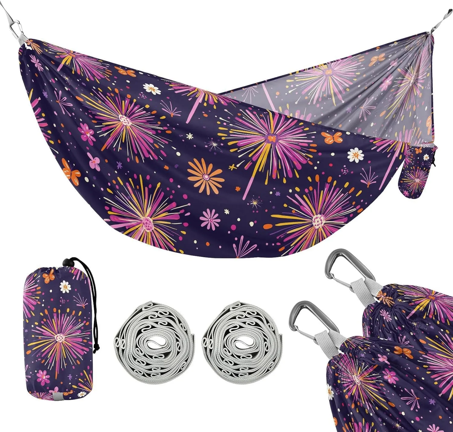 susiyo Portable Camping Hammock Large Fireworks Printed Lightweight Hammock Comfortable Travel Swing with Tree Straps for Camping Hiking Backpacking Travel or Beach - Up to 330lbs