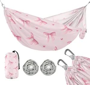 susiyo Portable Camping Hammock Light Pink Bow Beads Printed Lightweight Hammock Comfortable Travel Swing with Tree Straps for Camping Hiking Backpacking Travel or Beach - Up to 330lbs
