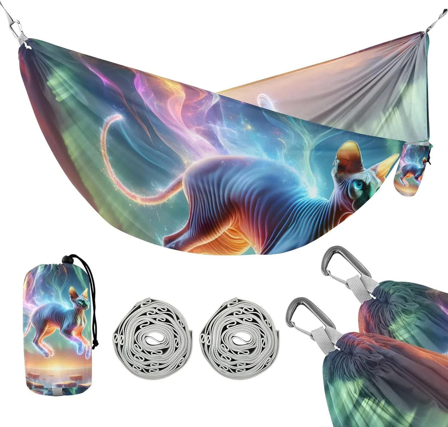 susiyo Portable Camping Hammock Living Sphynx Cat Printed Lightweight Hammock Comfortable Travel Swing with Tree Straps for Camping Hiking Backpacking Travel or Beach - Up to 330lbs