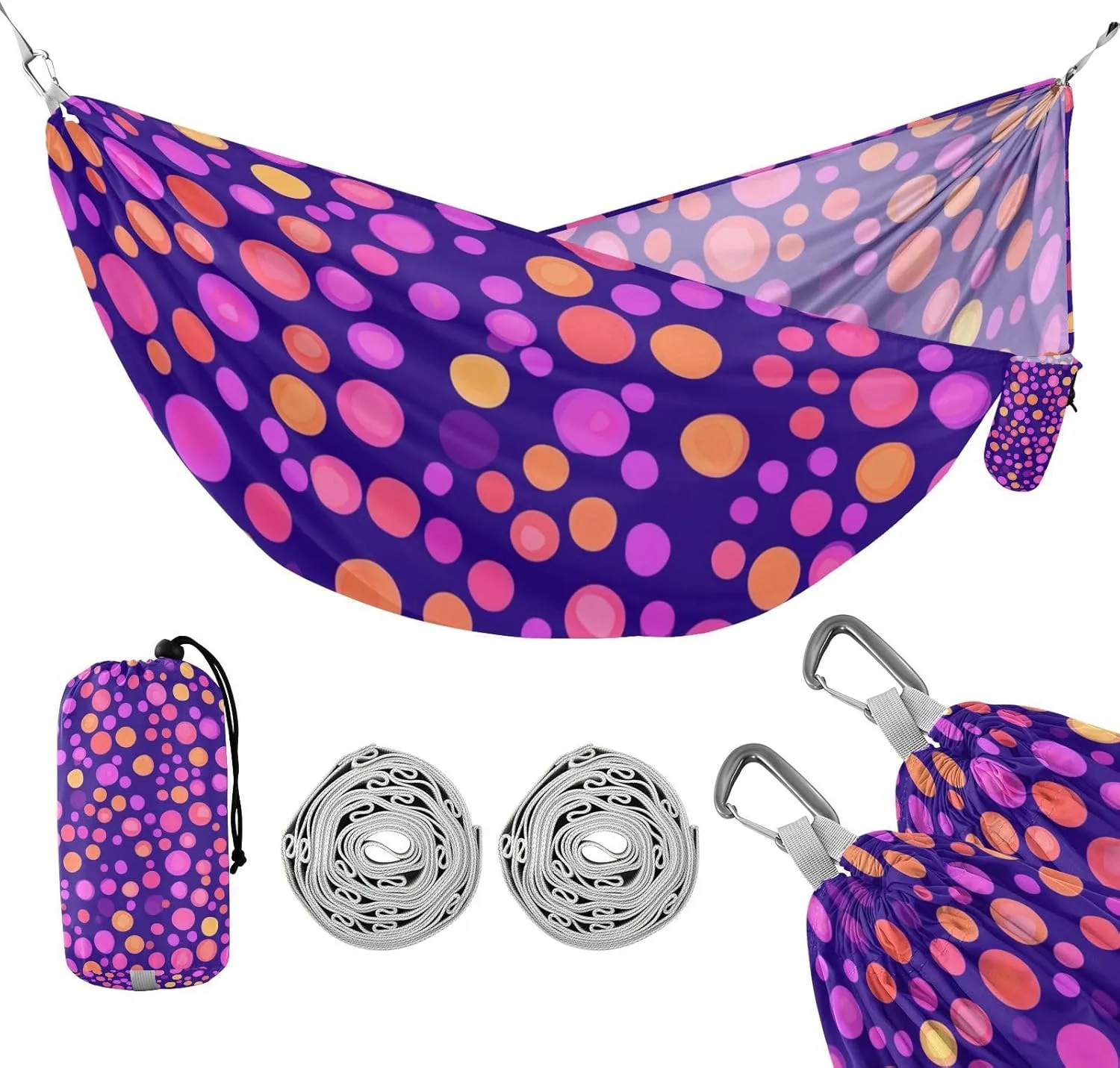 susiyo Portable Camping Hammock Orange Pink Circles Printed Lightweight Hammock Comfortable Travel Swing with Tree Straps for Camping Hiking Backpacking Travel or Beach - Up to 330lbs