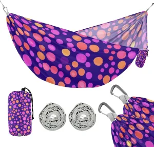 susiyo Portable Camping Hammock Orange Pink Circles Printed Lightweight Hammock Comfortable Travel Swing with Tree Straps for Camping Hiking Backpacking Travel or Beach - Up to 330lbs