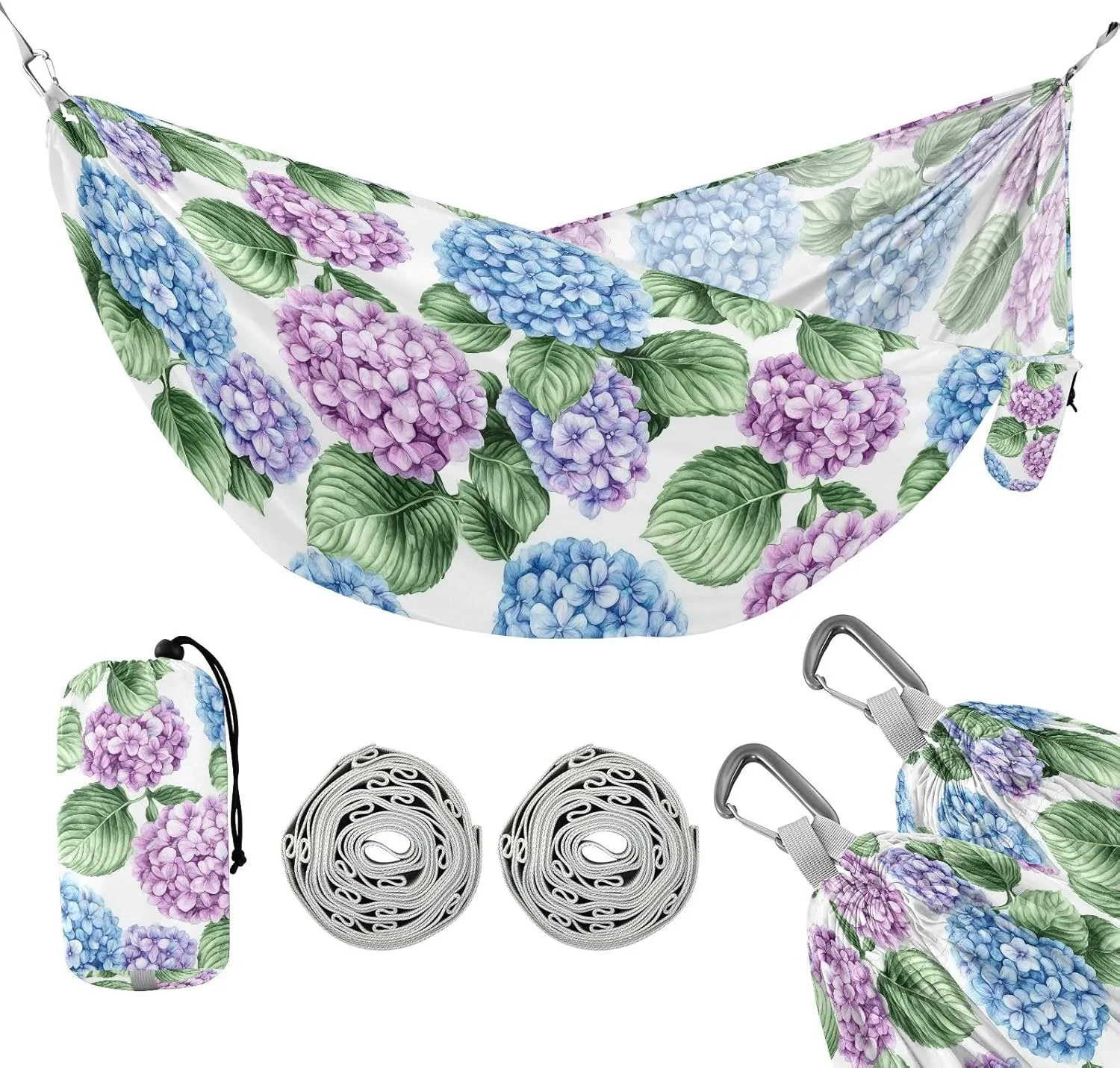 susiyo Portable Camping Hammock Pink Blue Hydrangeas Printed Lightweight Hammock Comfortable Travel Swing with Tree Straps for Camping Hiking Backpacking Travel or Beach - Up to 330lbs