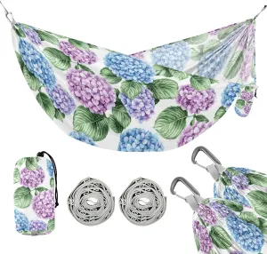 susiyo Portable Camping Hammock Pink Blue Hydrangeas Printed Lightweight Hammock Comfortable Travel Swing with Tree Straps for Camping Hiking Backpacking Travel or Beach - Up to 330lbs