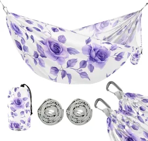 susiyo Portable Camping Hammock Purple Roses Printed Lightweight Hammock Comfortable Travel Swing with Tree Straps for Camping Hiking Backpacking Travel or Beach - Up to 330lbs