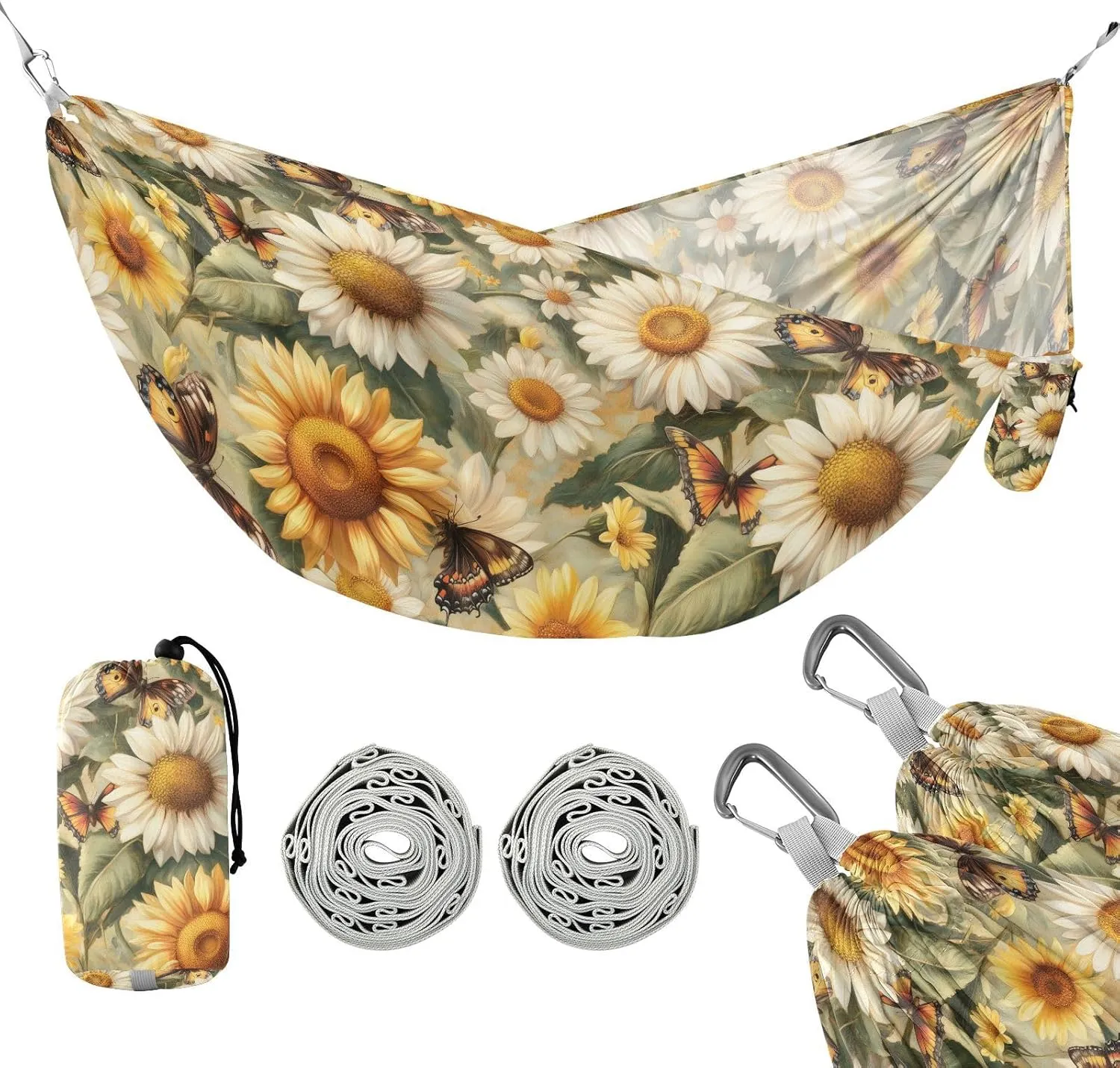 susiyo Portable Camping Hammock Sunflower Butterfly Printed Lightweight Hammock Comfortable Travel Swing with Tree Straps for Camping Hiking Backpacking Travel or Beach - Up to 330lbs