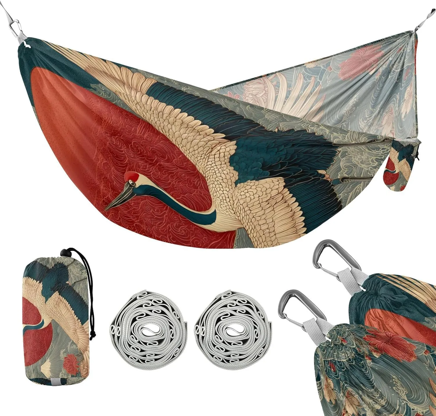 susiyo Portable Camping Hammock Traditional Japanese Crane Printed Lightweight Hammock Comfortable Travel Swing with Tree Straps for Camping Hiking Backpacking Travel or Beach - Up to 330lbs
