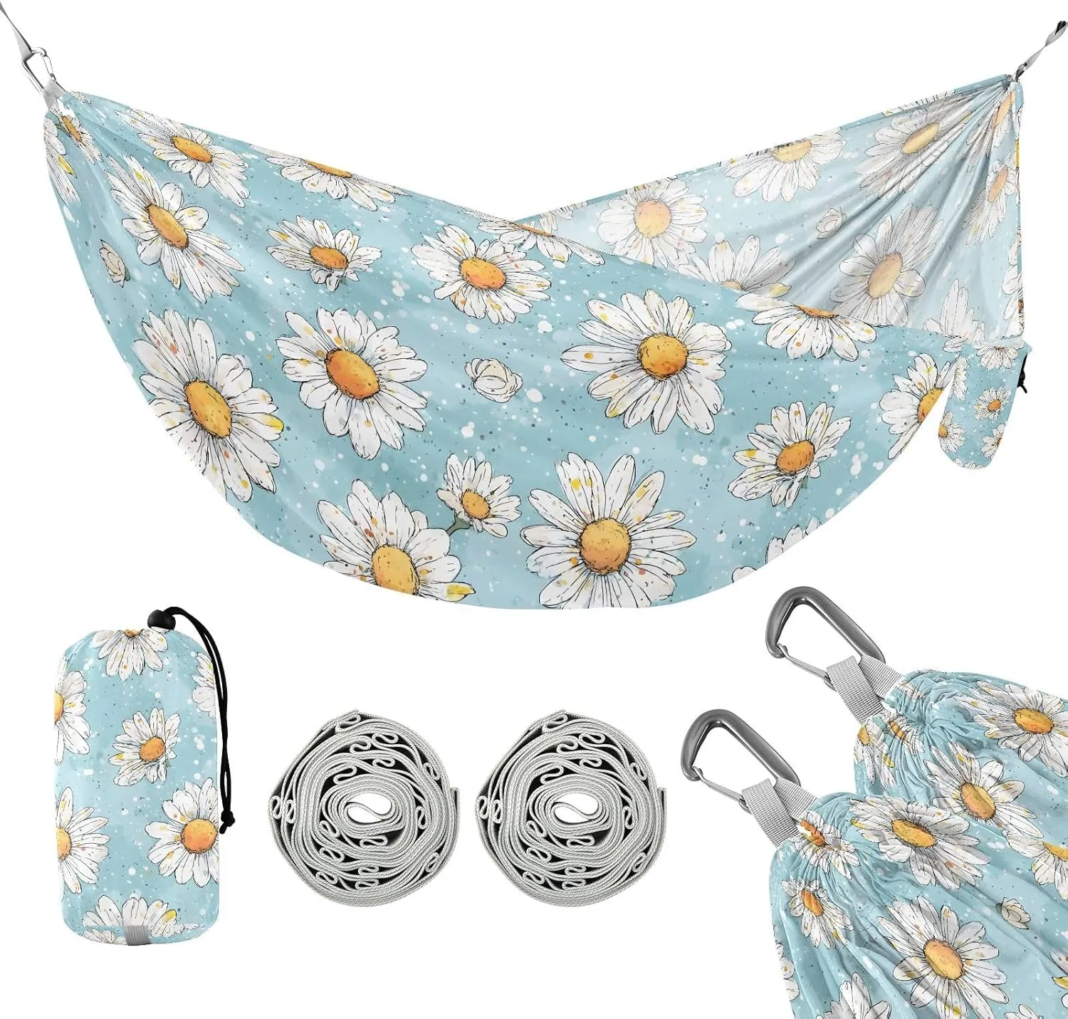 susiyo Portable Camping Hammock White Daisies Printed Lightweight Hammock Comfortable Travel Swing with Tree Straps for Camping Hiking Backpacking Travel or Beach - Up to 330lbs