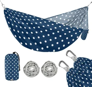 susiyo Portable Camping Hammock White Polka Dots Navy Blue Printed Lightweight Hammock Comfortable Travel Swing with Tree Straps for Camping Hiking Backpacking Travel or Beach - Up to 330lbs