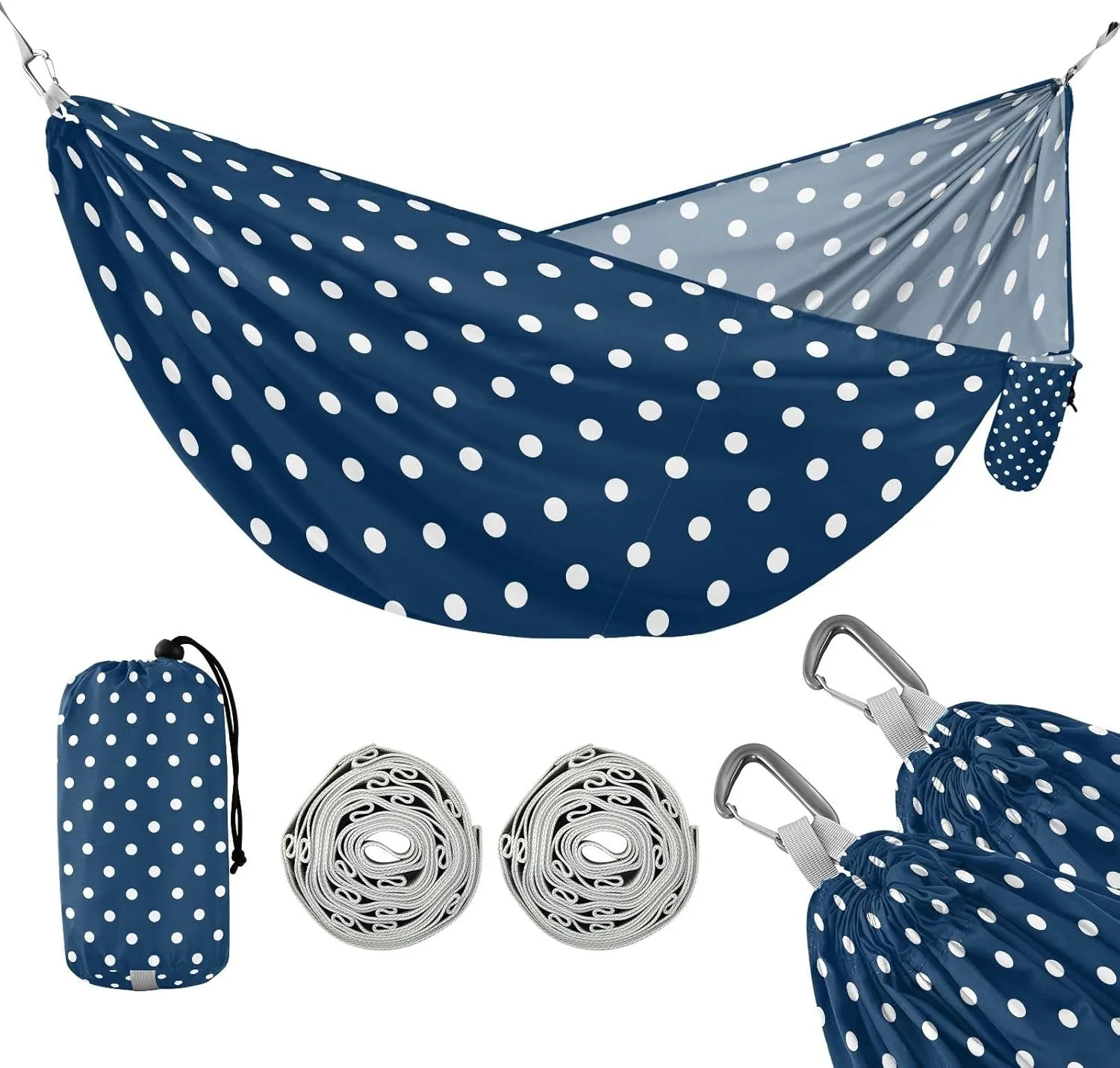 susiyo Portable Camping Hammock White Polka Dots Navy Blue Printed Lightweight Hammock Comfortable Travel Swing with Tree Straps for Camping Hiking Backpacking Travel or Beach - Up to 330lbs