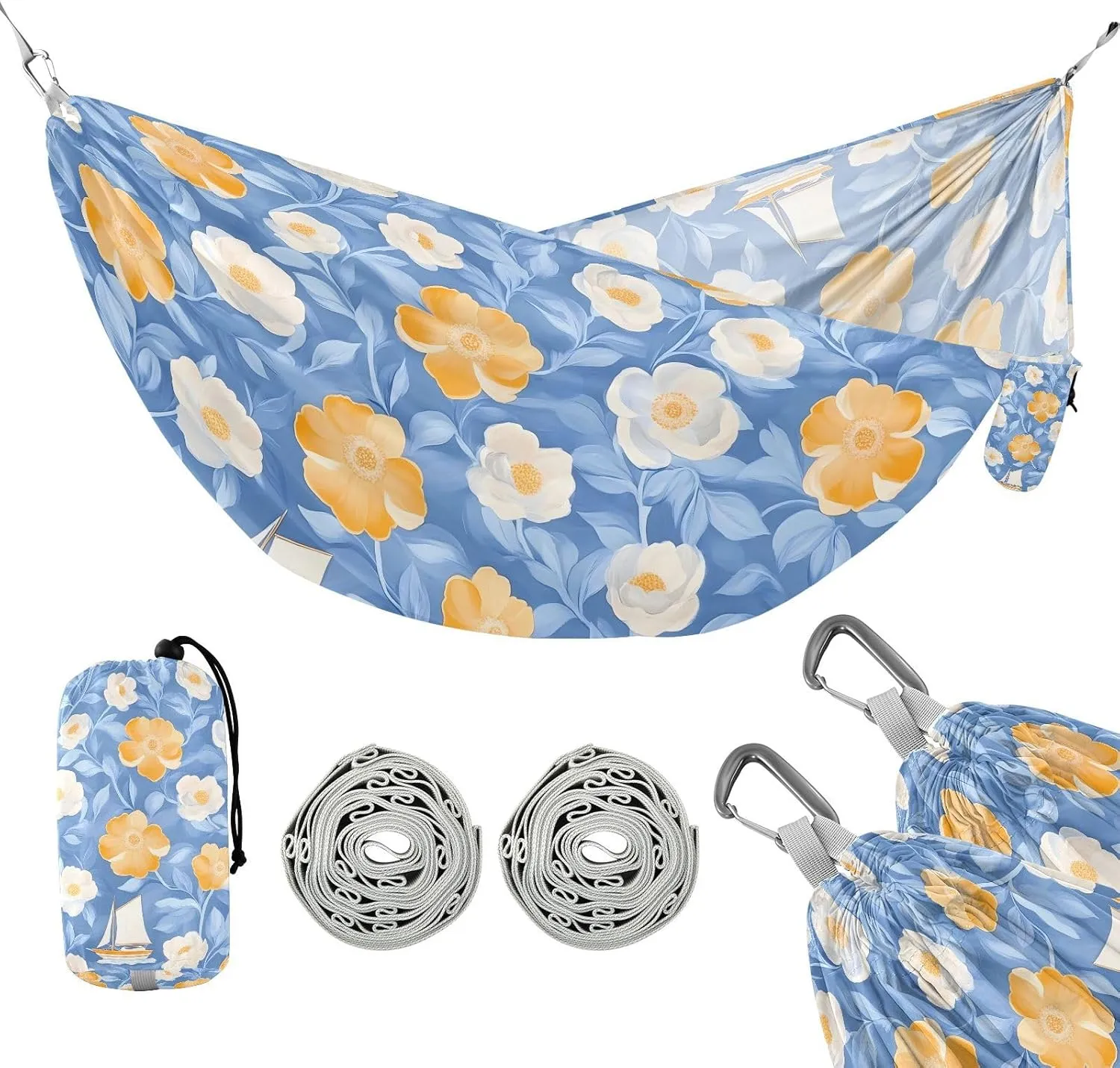 susiyo Portable Camping Hammock White Yellow Flowers Printed Lightweight Hammock Comfortable Travel Swing with Tree Straps for Camping Hiking Backpacking Travel or Beach - Up to 330lbs