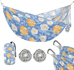 susiyo Portable Camping Hammock White Yellow Flowers Printed Lightweight Hammock Comfortable Travel Swing with Tree Straps for Camping Hiking Backpacking Travel or Beach - Up to 330lbs