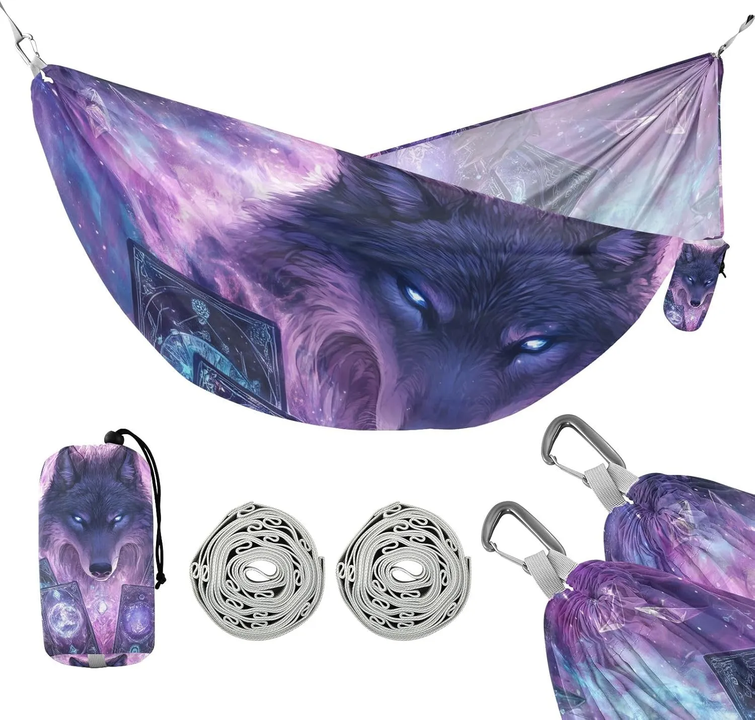 susiyo Portable Camping Hammock Wolf Printed Lightweight Hammock Comfortable Travel Swing with Tree Straps for Camping Hiking Backpacking Travel or Beach - Up to 330lbs