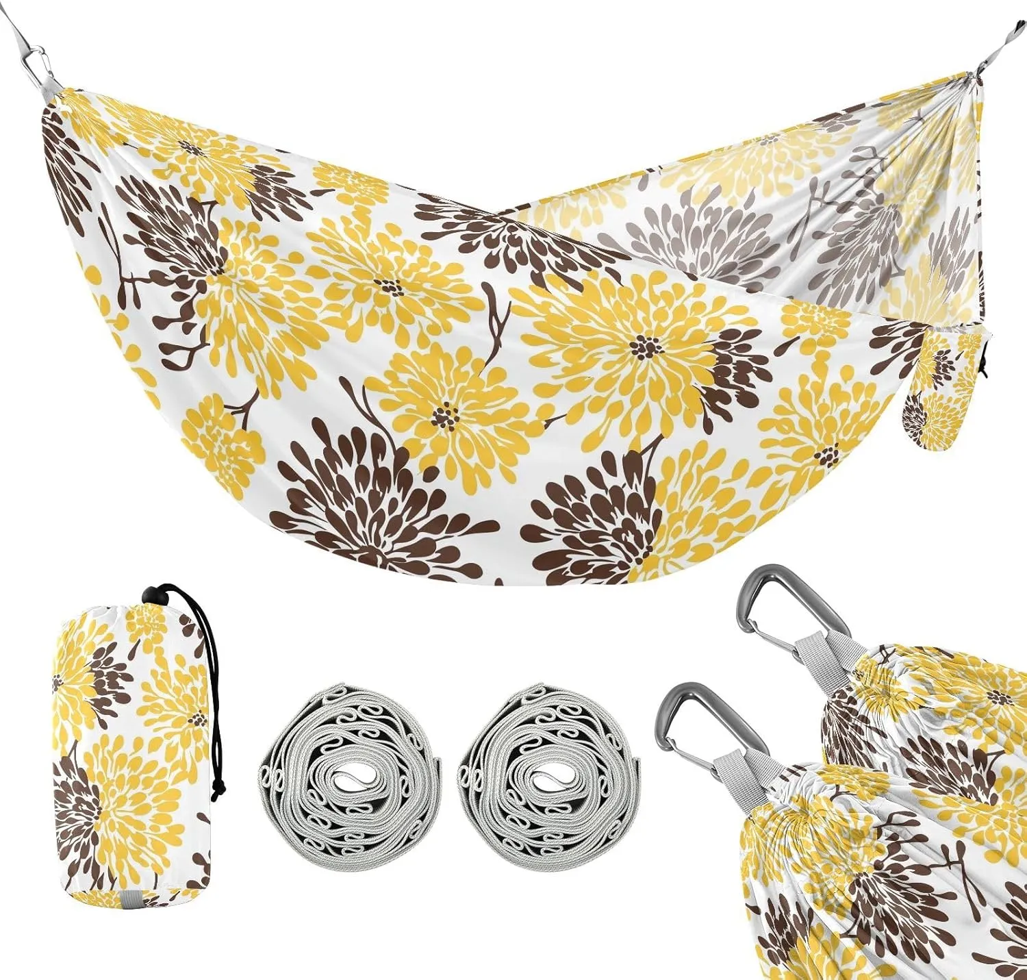 susiyo Portable Camping Hammock Yellow and Brown Floral Printed Lightweight Hammock Comfortable Travel Swing with Tree Straps for Camping Hiking Backpacking Travel or Beach - Up to 330lbs