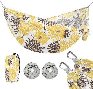 susiyo Portable Camping Hammock Yellow and Brown Floral Printed Lightweight Hammock Comfortable Travel Swing with Tree Straps for Camping Hiking Backpacking Travel or Beach - Up to 330lbs