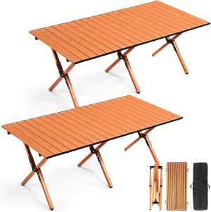 Suzile 2 Pack Foldable Low Picnic Table 4 ft Portable Lightweight Camping Table Fold Up Collapsible Roll up Metal Camp with Carry Bag for Party Patio Garden Outside Outdoor Beach(Nut Brown)