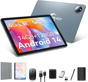 Tablet 10 inch 2025 Latest Android 14 Tablet with 128GB Rom 14GB Ram 2TB Expand, 4G Cellular Tablets with Dual Sim Slot, 2 in 1 Tablets with Case/Keyboard/Mouse, 5G Wifi, Octa-Core GPS 8000mAh (Grey)