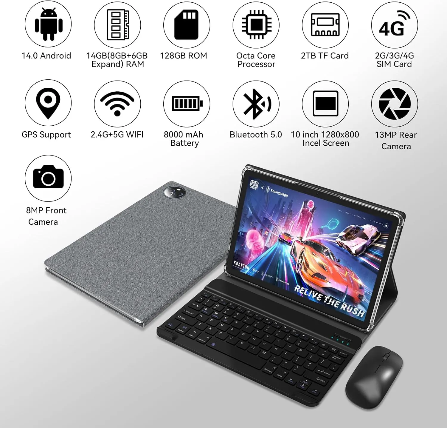 Tablet 10 inch 2025 Latest Android 14 Tablet with 128GB Rom 14GB Ram 2TB Expand, 4G Cellular Tablets with Dual Sim Slot, 2 in 1 Tablets with Case/Keyboard/Mouse, 5G Wifi, Octa-Core GPS 8000mAh (Grey)