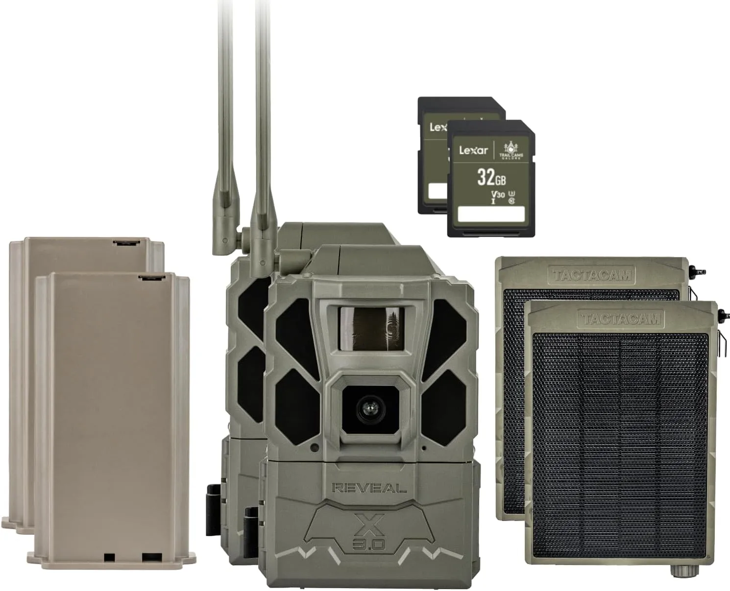 TACTACAM Reveal X Gen 3.0 Cellular Trail Camera - Multi Carrier, HD Photo & Videos, Pre-Installed Antenna, Built-in GPS, Low-Glow IR Flash   Solar Panel, Lipo Lithium Battery, & 32GB SD Card (2PK)