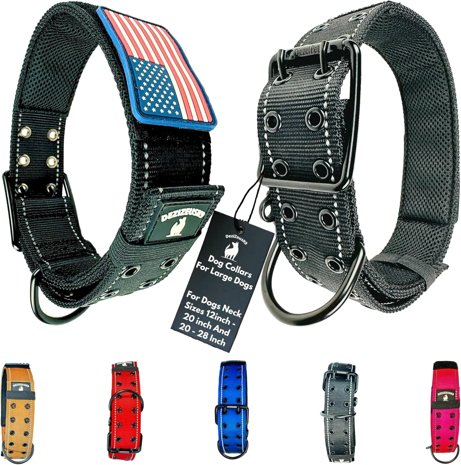 Tactical Dog Collar 2 Inch Wide Heavy Duty with Metal 2-Pin Belt Buckle for Medium, Large & XL Dogs, Thick Military-Style K9 Collar, Reflective, with Name Plate Area, USA Flag Patch, Strong & Durable