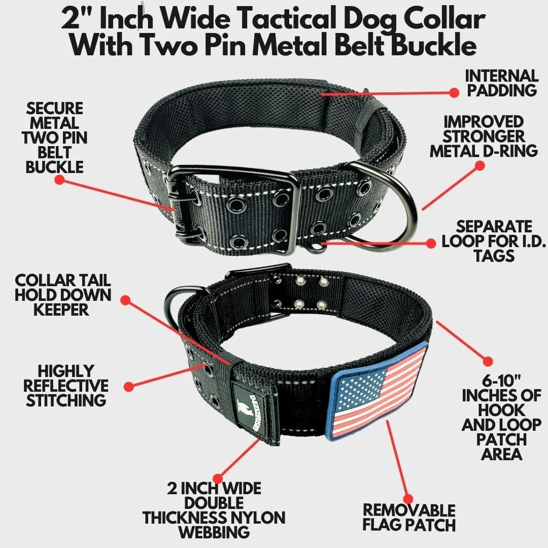 Tactical Dog Collar 2 Inch Wide Heavy Duty with Metal 2-Pin Belt Buckle for Medium, Large & XL Dogs, Thick Military-Style K9 Collar, Reflective, with Name Plate Area, USA Flag Patch, Strong & Durable