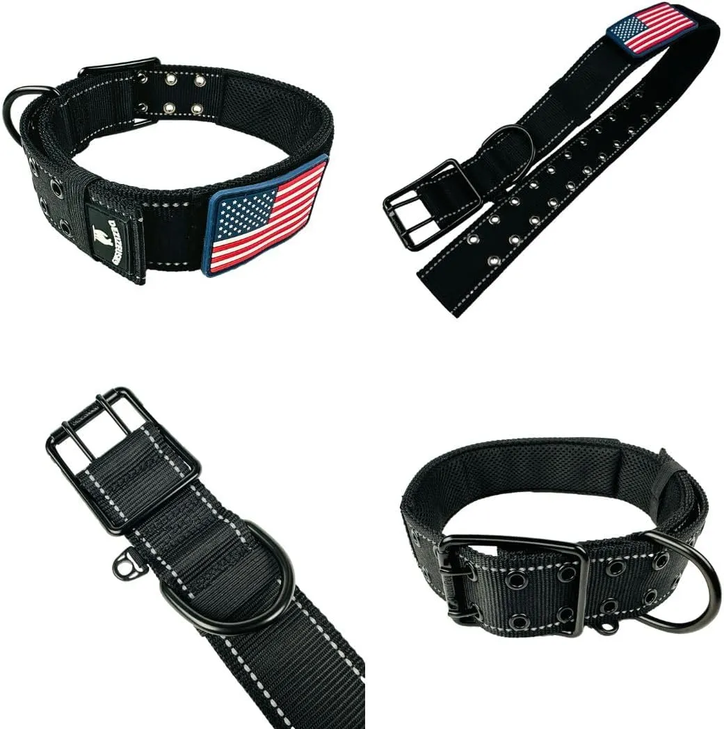 Tactical Dog Collar 2 Inch Wide Heavy Duty with Metal 2-Pin Belt Buckle for Medium, Large & XL Dogs, Thick Military-Style K9 Collar, Reflective, with Name Plate Area, USA Flag Patch, Strong & Durable