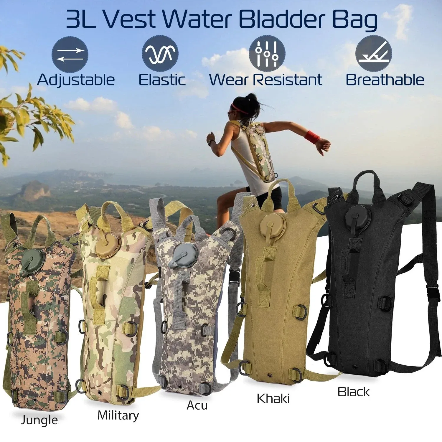 Tactical Hydration Backpack Water Pack Hydration Bladder Leak Proof 3L Water Bag for Camping Running Climbing Biking Hiking
