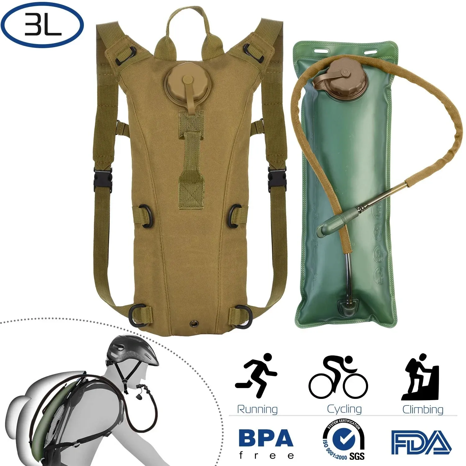 Tactical Hydration Backpack Water Pack Hydration Bladder Leak Proof 3L Water Bag for Camping Running Climbing Biking Hiking