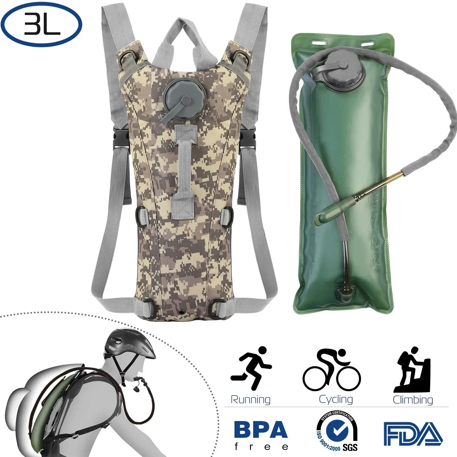 Tactical Hydration Backpack Water Pack Hydration Bladder Leak Proof 3L Water Bag for Camping Running Climbing Biking Hiking