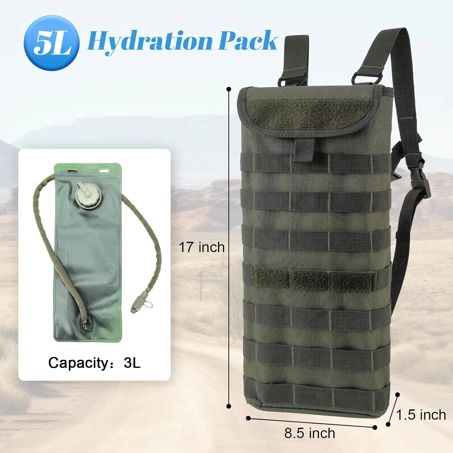 Tactical MOLLE Hydration Pack Carrier Backpack with 3L Water Bladder for Outdoor Sports, Olive Green