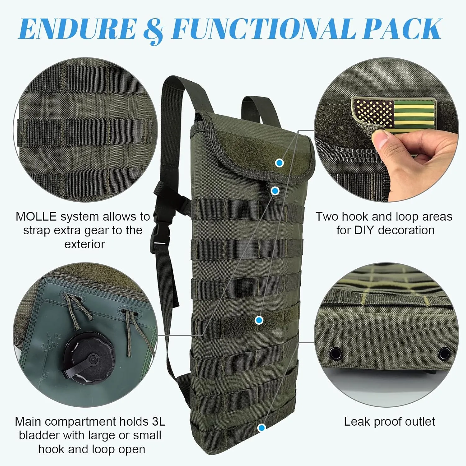 Tactical MOLLE Hydration Pack Carrier Backpack with 3L Water Bladder for Outdoor Sports, Olive Green