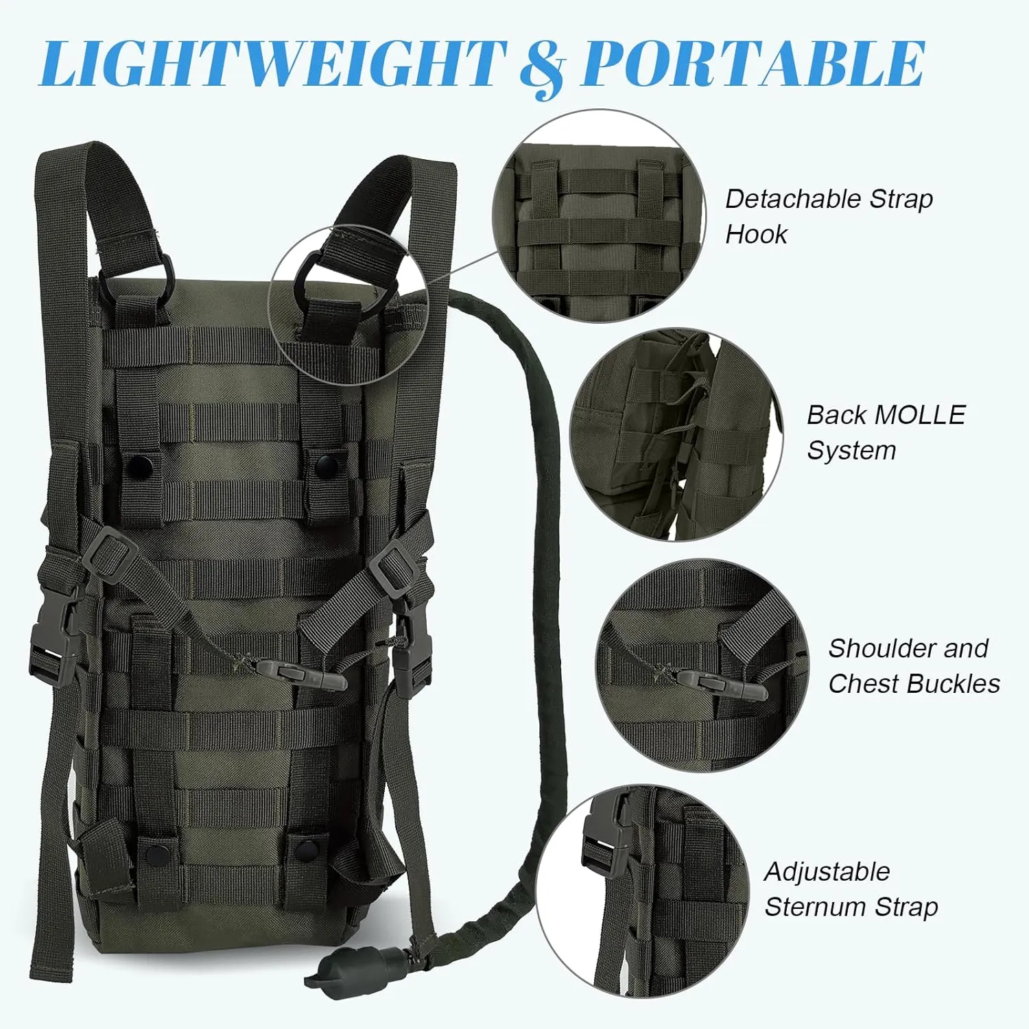 Tactical MOLLE Hydration Pack Carrier Backpack with 3L Water Bladder for Outdoor Sports, Olive Green