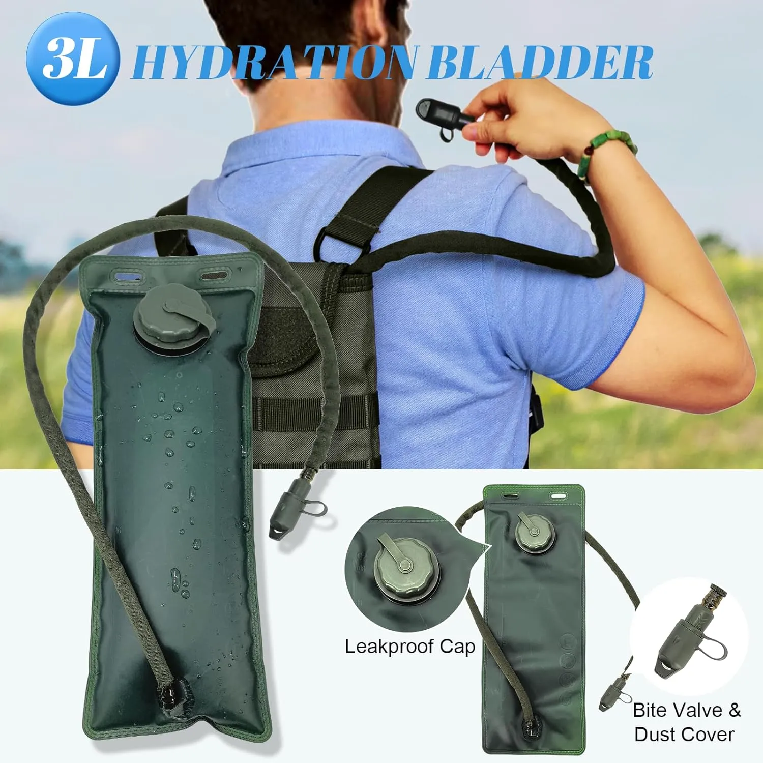 Tactical MOLLE Hydration Pack Carrier Backpack with 3L Water Bladder for Outdoor Sports, Olive Green