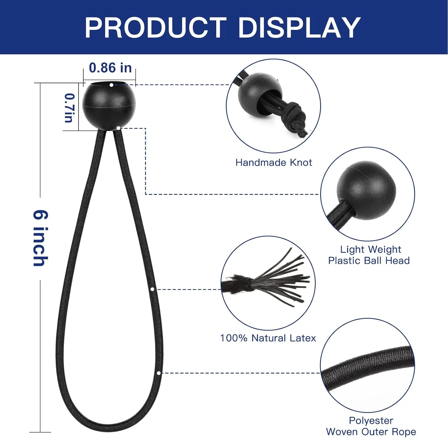 Tarp Ball Bungee Cords 6 Inch,100 PCS Tarp Bungee Balls Ties Heavy Duty Canopy Tarp Tie Down Ball for Camping,Shelter,Cargo,Tent Poles with UV Resistant