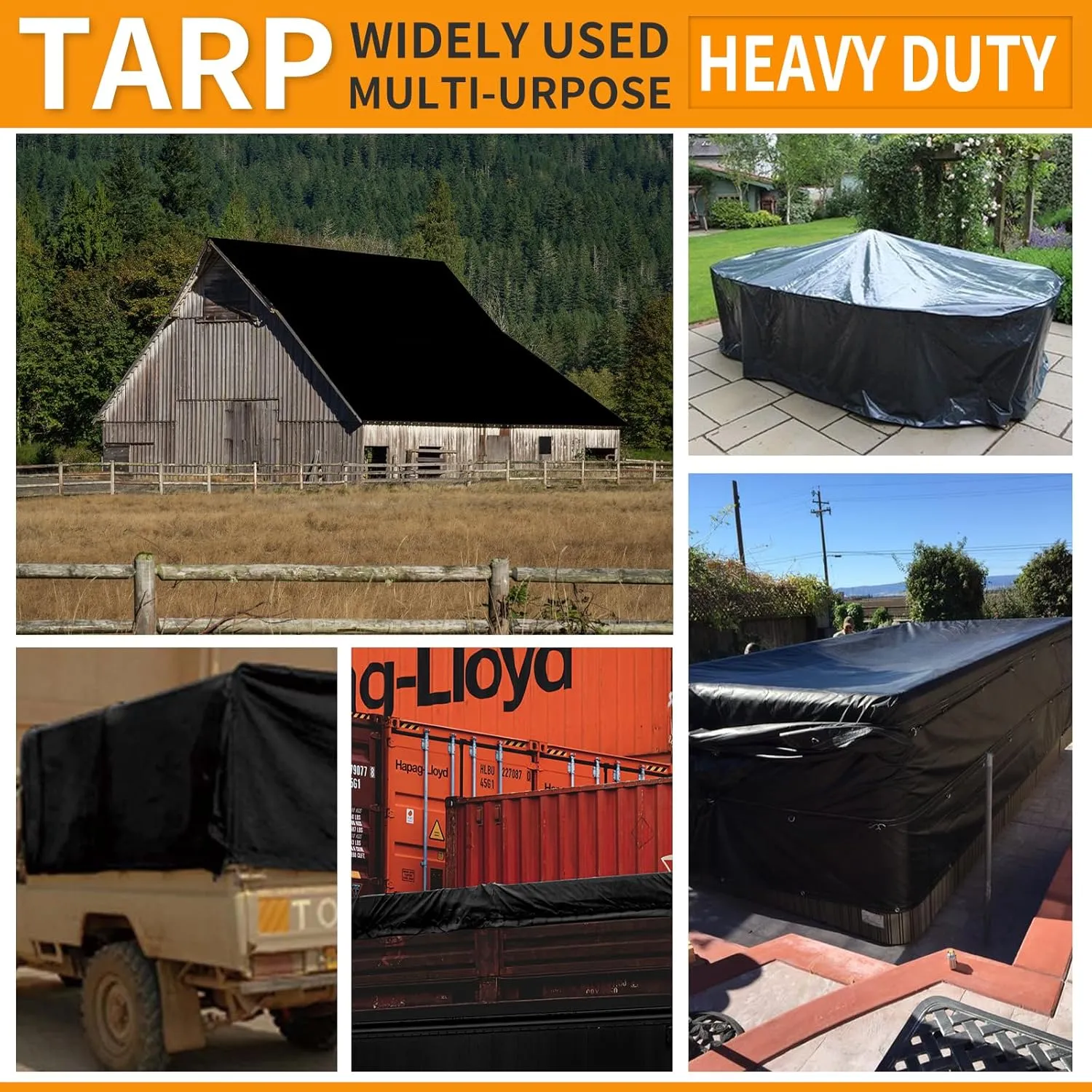 Tarps Heavy Duty Waterproof 8x8ft,TEZONG Black Tarp 12Mil Plastic Tarpaulin Outdoor Tarp Cover for Emergency Rain,Patio Furniture,Wood,Roof,Camping,Car,Pool