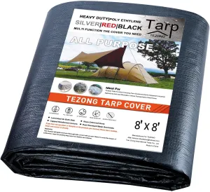 Tarps Heavy Duty Waterproof 8x8ft,TEZONG Black Tarp 12Mil Plastic Tarpaulin Outdoor Tarp Cover for Emergency Rain,Patio Furniture,Wood,Roof,Camping,Car,Pool