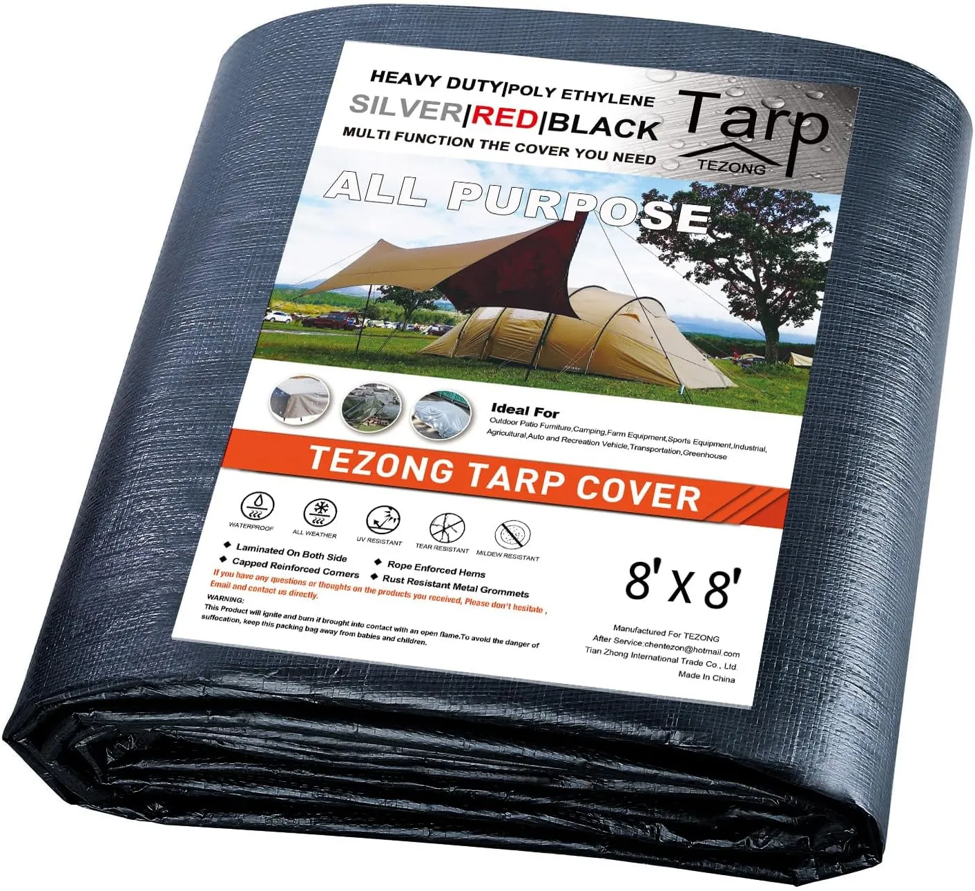 Tarps Heavy Duty Waterproof 8x8ft,TEZONG Black Tarp 12Mil Plastic Tarpaulin Outdoor Tarp Cover for Emergency Rain,Patio Furniture,Wood,Roof,Camping,Car,Pool