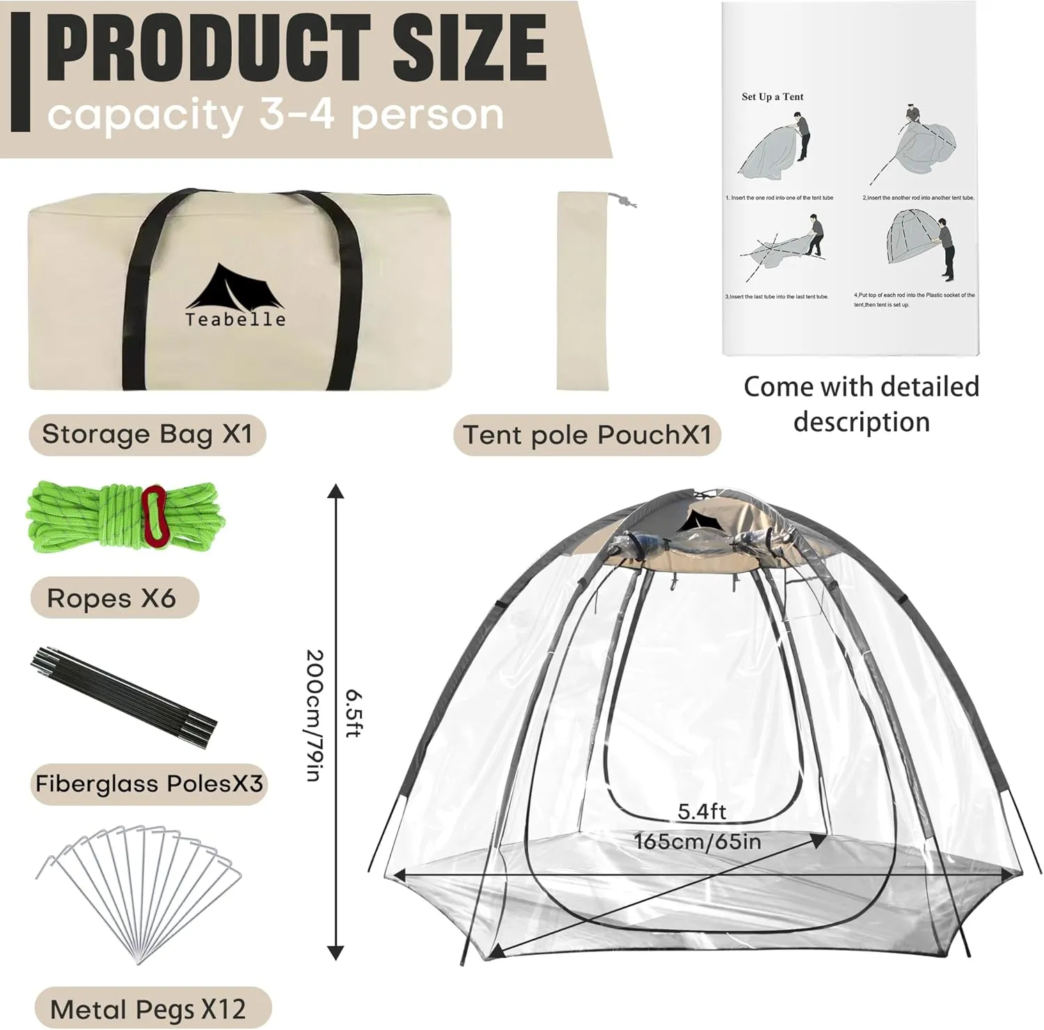 Teabelle Transparent Sports Tent, Large Instant Waterproof Tent, UVproof Outdoor 360 Full-View Tent with Zipper Window for Soccer Watching Sports Camping Fishing Activities